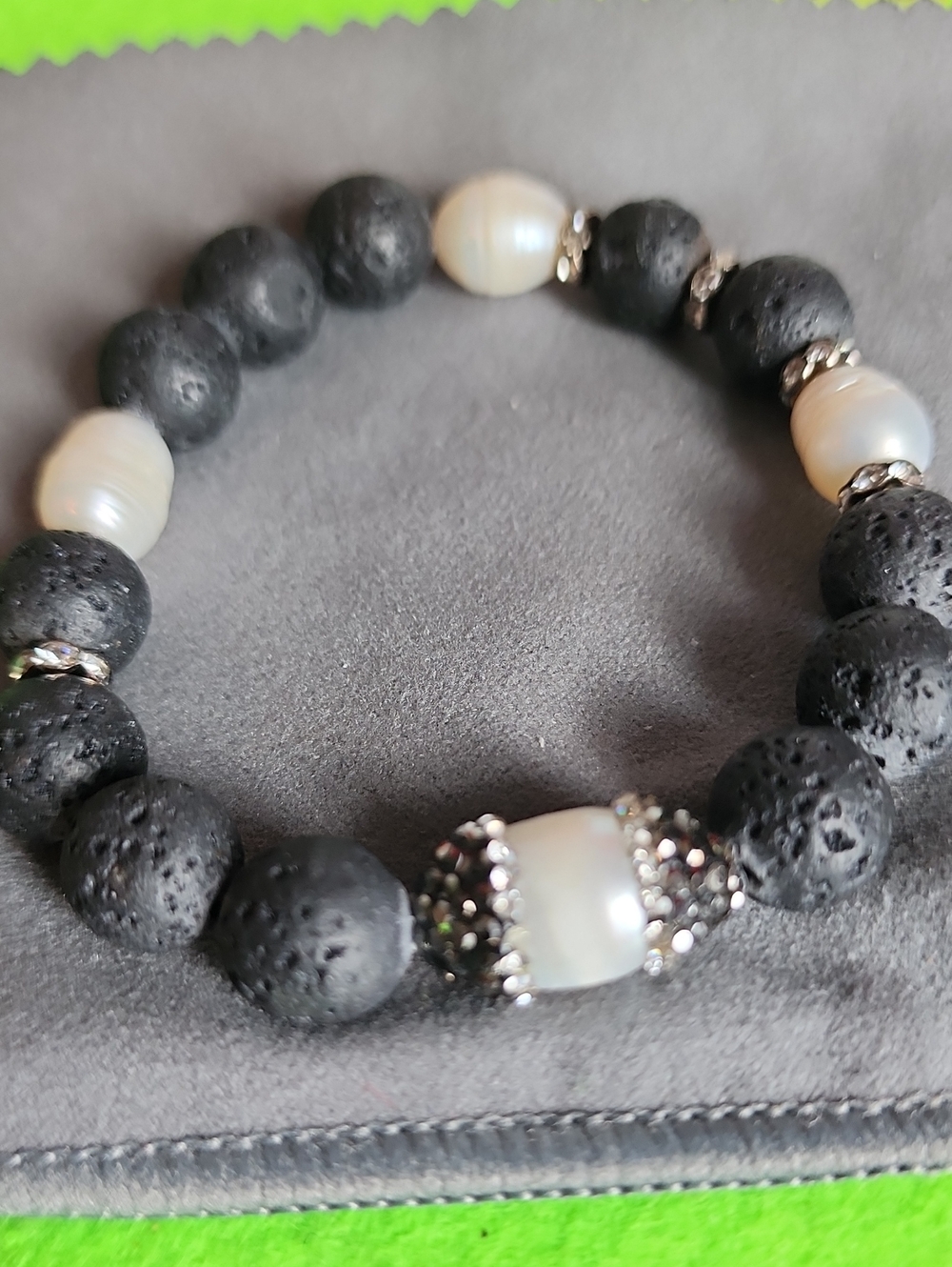 Black Lava Stone and White Pearl Accent Stretch Bracelet